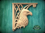 Carved Wood Eagle Corner Onlays, Mirrored Pair with Gothic Scrollwork