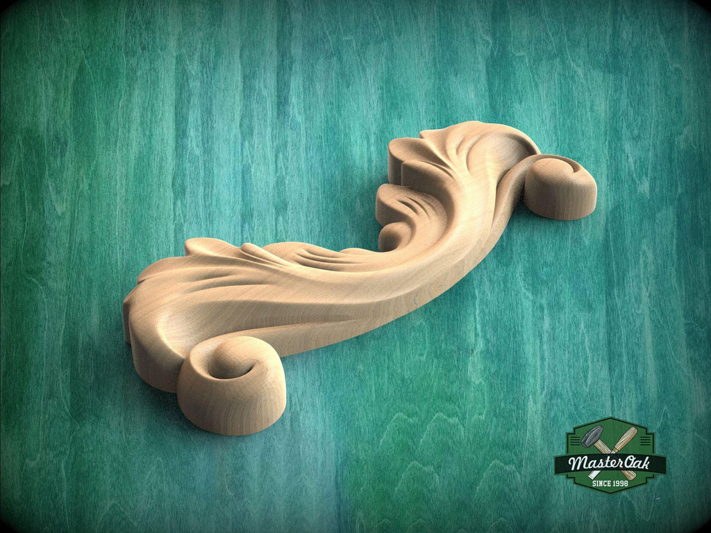A wooden carving of a decorative scroll or scroll-like design is displayed against a green background.