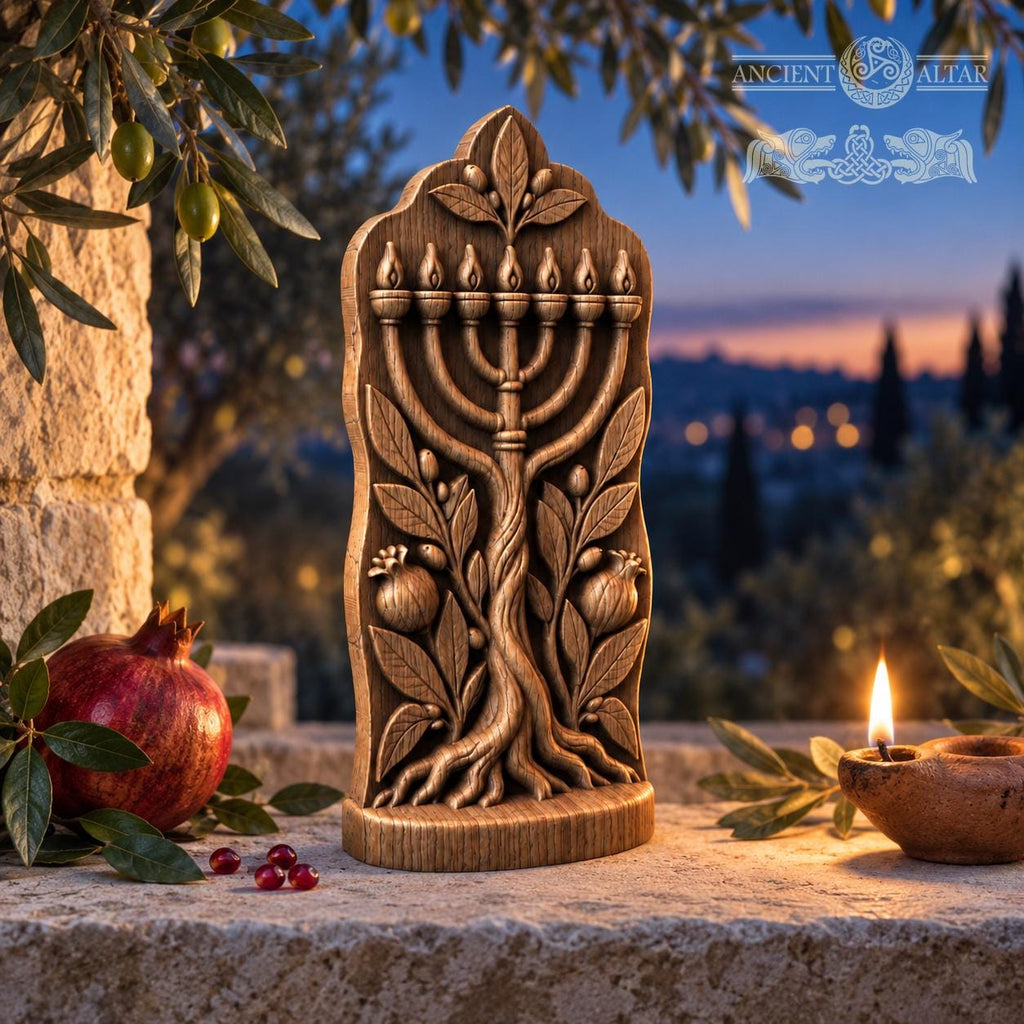 Tree of Life Menorah Sculpture, Solid Oak Judaica with Pomegranates and Olive Branches, Jewish Home Decor, Housewarming Gift