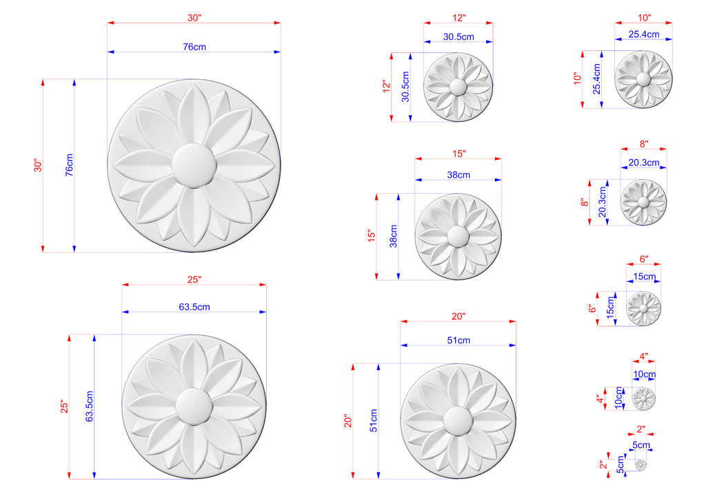 a series of images depicting various sizes of white flower-shaped designs, each with its own set of dimensions and measurements.