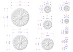 a series of images depicting various sizes of white flower-shaped designs, each with its own set of dimensions and measurements.