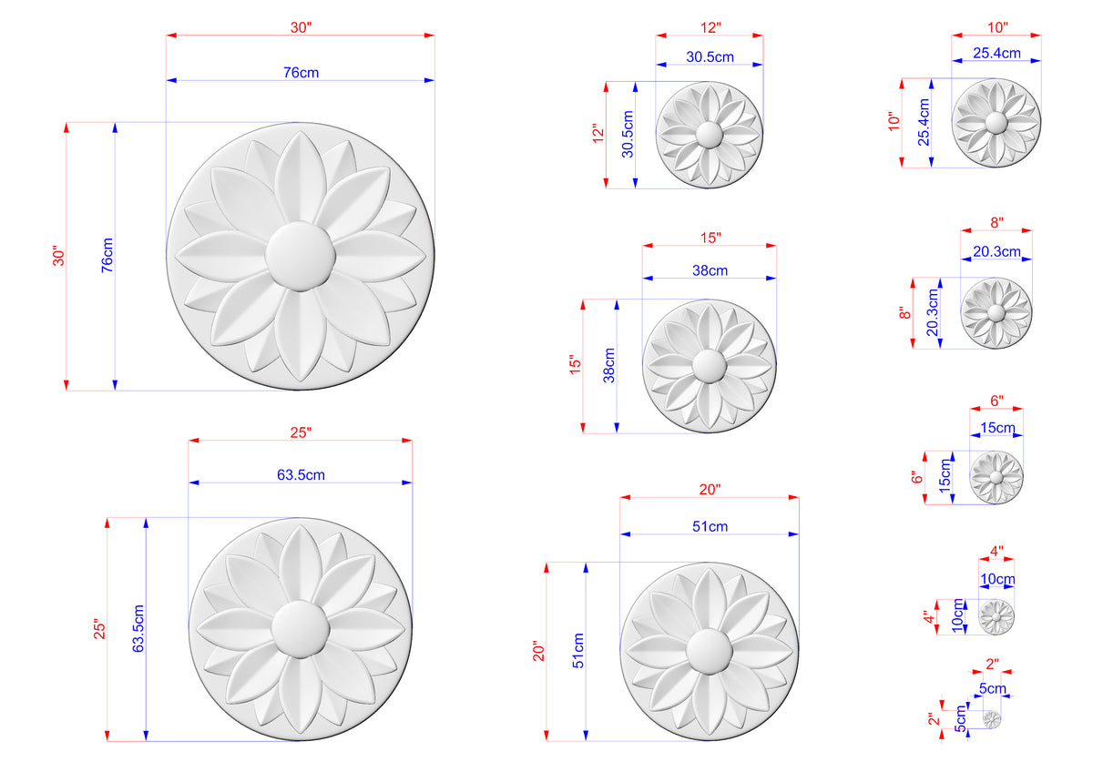 a series of images depicting various sizes of white flower-shaped designs, each with its own set of dimensions and measurements.