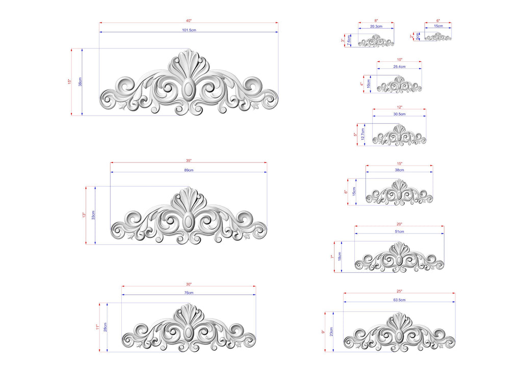 a collection of ornate, decorative designs with intricate scrollwork and floral elements. The designs are presented in various sizes, ranging from small to large, and are accompanied by detailed measurements in both inches and centimeters. The image is a collage of multiple images, showcasing the different sizes and styles of the ornamental designs.