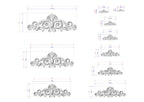 a collection of ornate, decorative designs with intricate scrollwork and floral elements. The designs are presented in various sizes, ranging from small to large, and are accompanied by detailed measurements in both inches and centimeters. The image is a collage of multiple images, showcasing the different sizes and styles of the ornamental designs.
