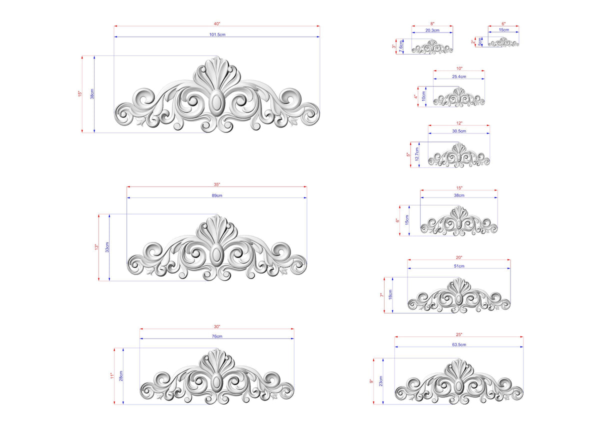 a collection of ornate, decorative designs with intricate scrollwork and floral elements. The designs are presented in various sizes, ranging from small to large, and are accompanied by detailed measurements in both inches and centimeters. The image is a collage of multiple images, showcasing the different sizes and styles of the ornamental designs.