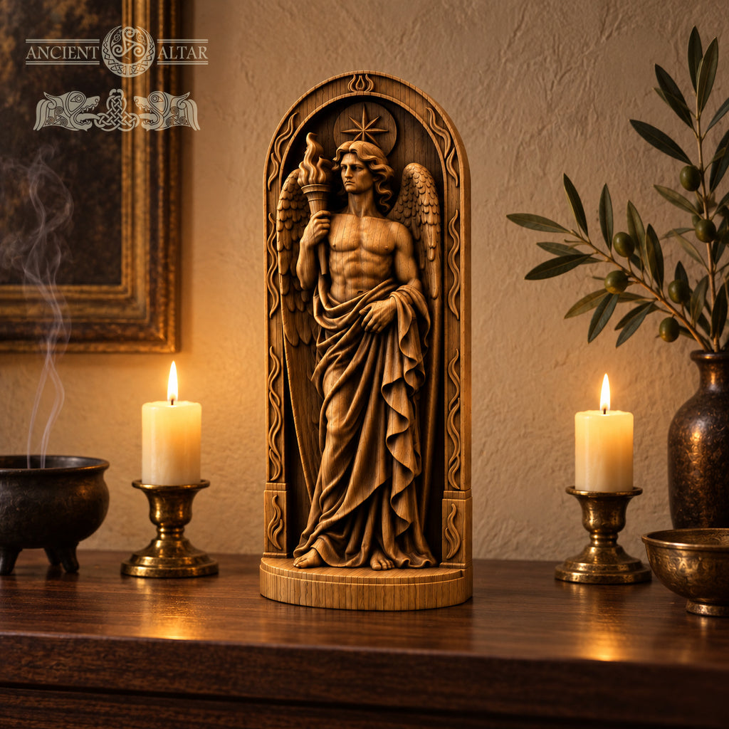 a wooden statue of a winged figure holding a torch, surrounded by candles and other decorative items on a wooden surface.