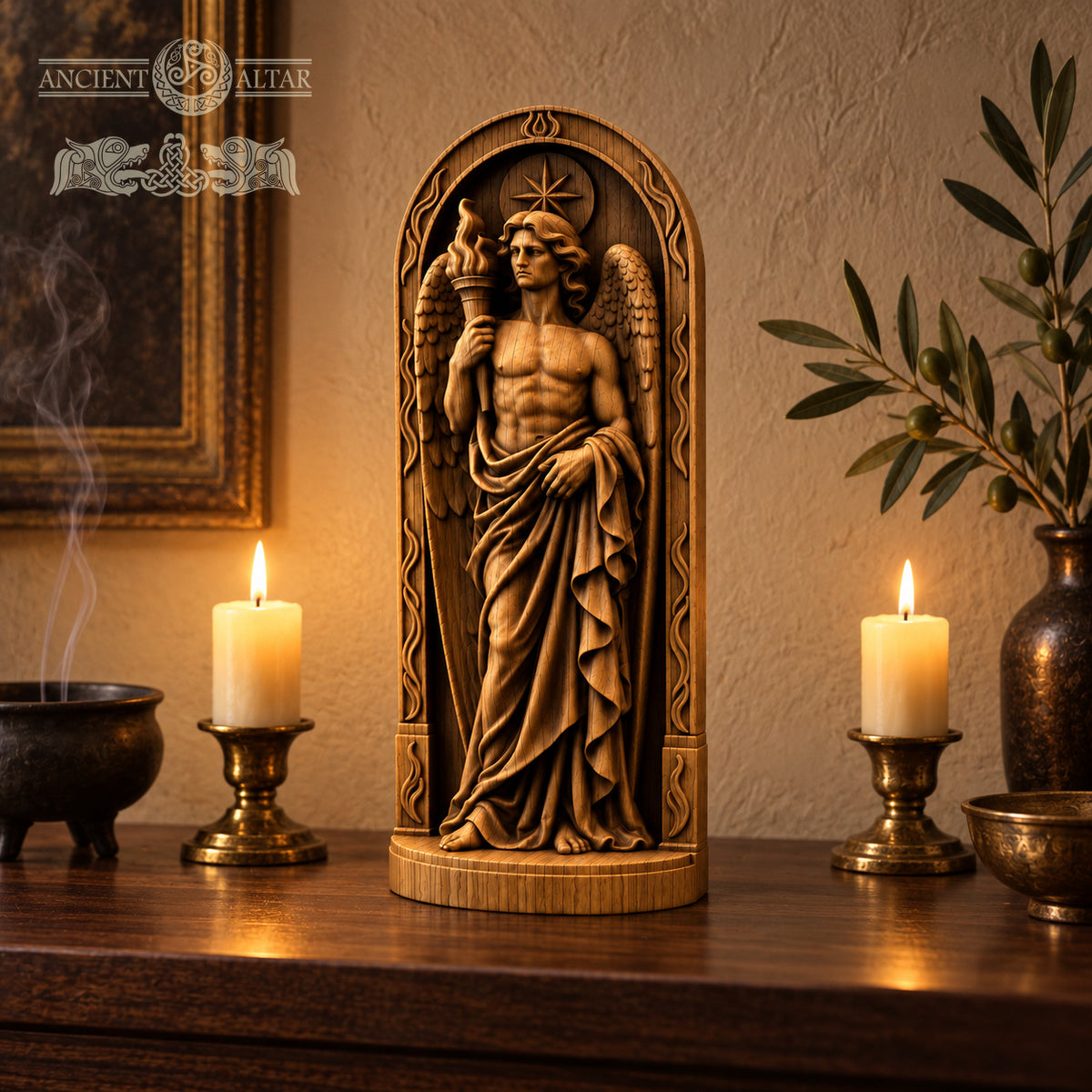 a wooden statue of a winged figure holding a torch, surrounded by candles and other decorative items on a wooden surface.