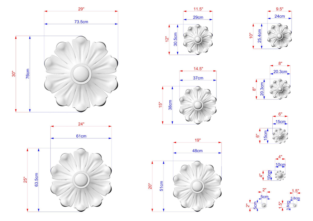 various sizes of white flower-shaped designs, each with its own set of measurements and dimensions. The sizes range from small to large, and the designs are arranged in a grid-like pattern.