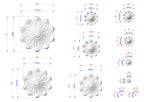 various sizes of white flower-shaped designs, each with its own set of measurements and dimensions. The sizes range from small to large, and the designs are arranged in a grid-like pattern.