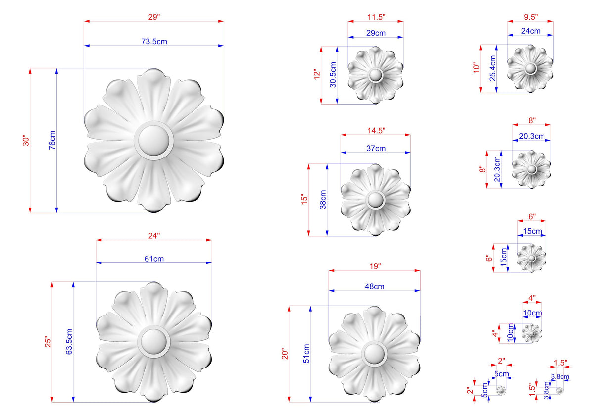 various sizes of white flower-shaped designs, each with its own set of measurements and dimensions. The sizes range from small to large, and the designs are arranged in a grid-like pattern.