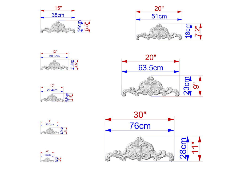 a series of images depicting various sizes of ornamental designs, ranging from 15 cm to 28 cm in height. The designs are shown in different sizes, with the largest one being 30 cm in height and the smallest one being 11 cm in height. The images are arranged in a grid format, providing a visual representation of the different sizes of the ornamental designs.