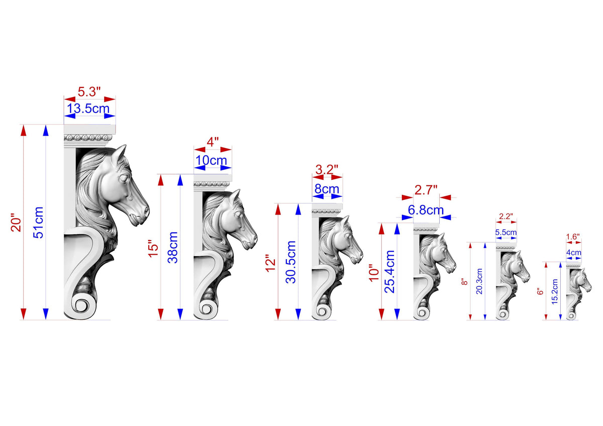 A series of measurements and dimensions for various horse-shaped objects, ranging from 5.3" to 20" in height.