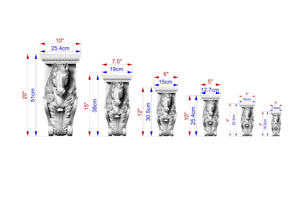 a series of seven different sizes of a decorative stone carving, each with its own unique measurements and scale. The sizes range from 10" to 25" and are labeled with corresponding measurements in centimeters.