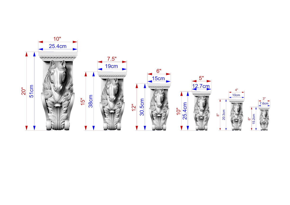 a series of seven different sizes of a decorative stone carving, each with its own unique measurements and scale. The sizes range from 10" to 25" and are labeled with corresponding measurements in centimeters.