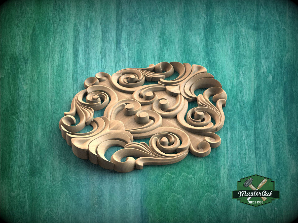 A decorative wooden carving with intricate swirls and curves is displayed against a green background.