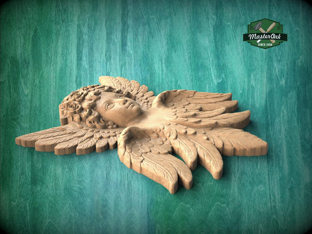 Carved Wooden Cherub Wall Onlay – Angel Relief with Wings Decorative Applique
