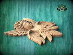 Carved Wooden Cherub Wall Onlay – Angel Relief with Wings Decorative Applique