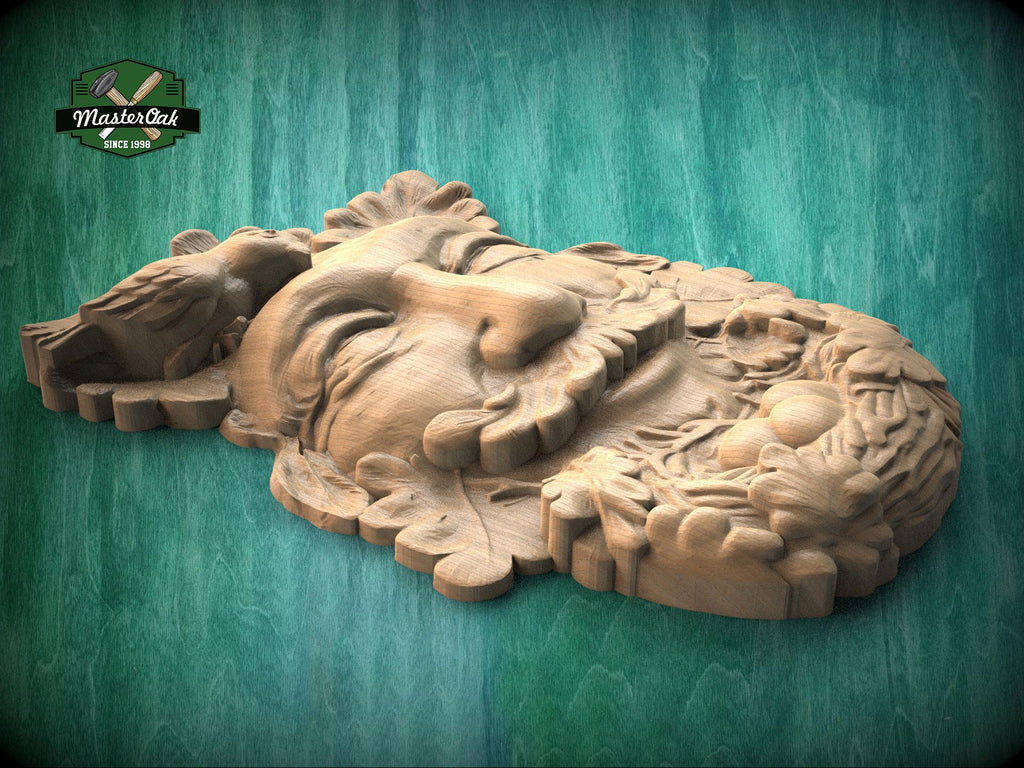 Greenman Wood Carving Onlay – Folklore Face with Bird Nest, Carved Decorative Applique