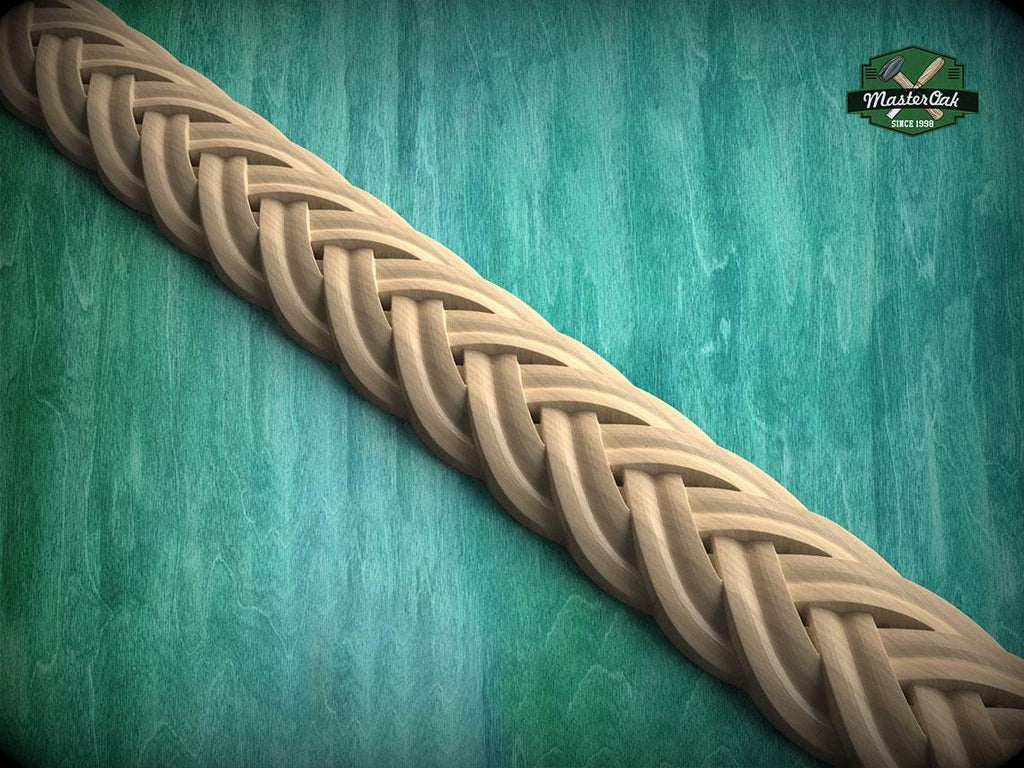 A close-up view of a braided wooden object, possibly a piece of furniture or a decorative item, against a green textured background.