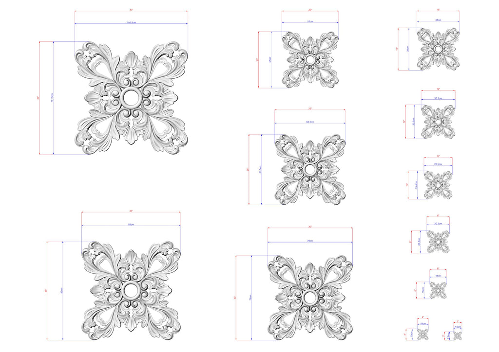 a collection of ornate, decorative patterns in a monochromatic style, with measurements and scale details provided.