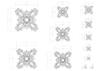 a collection of ornate, decorative patterns in a monochromatic style, with measurements and scale details provided.
