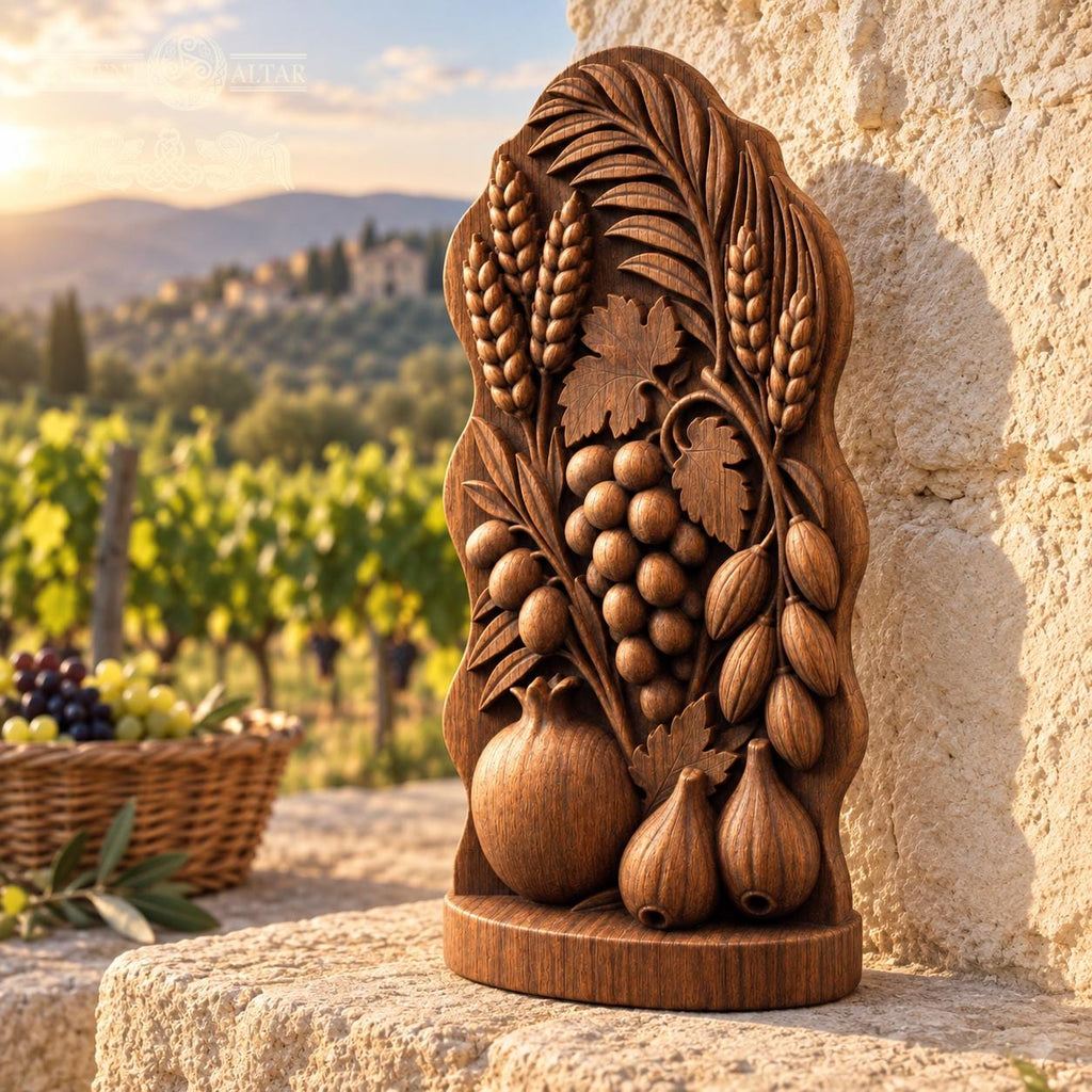 Seven Species Oak Wood Sculpture, Grapes Pomegranate and Fig Relief, Botanical Judaica Decor, Jewish Housewarming Gift