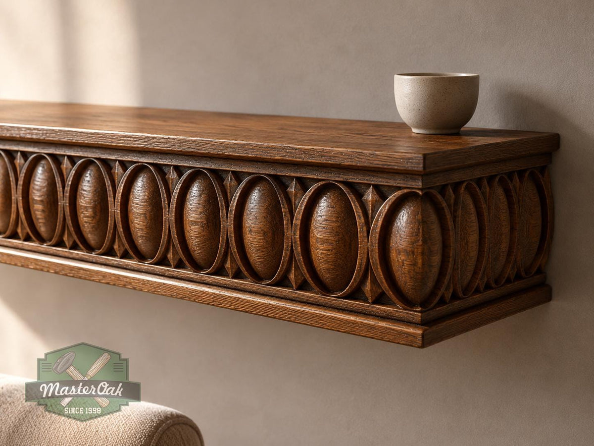 Carved Solid Oak Wall Shelf with Oval Medallion Pattern, Ornate Floating Shelf, Classical Wood Display Shelf, Traditional Home Decor