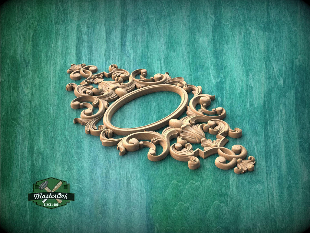 an ornate, carved wooden frame with intricate designs and patterns, set against a green wooden background.