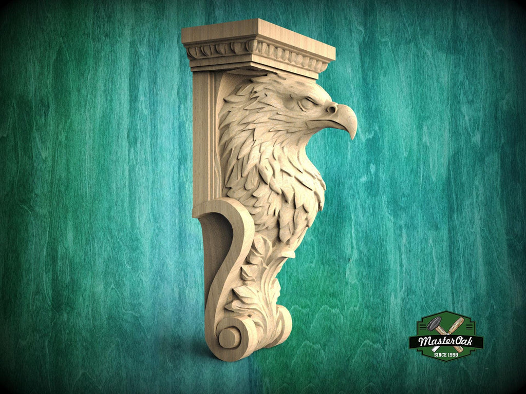 A carved wooden eagle head mounted on a wall, with a decorative scroll design around it.