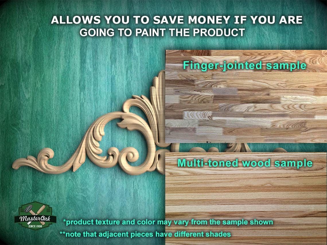 The image is a promotional image for MasterCad's paint, featuring a finger-jointed sample of multi-toned wood and a multi-toned wood sample. The text on the image indicates that the product texture and color may vary from the sample shown, and that adjacent pieces have different shades.