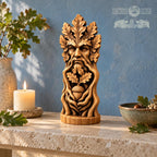 Green Man Acorn Keeper, Oak Wood Tree Spirit Statue, Leaf Face and Twisted Roots Sculpture, Woodland Decor, Pagan Altar Gift