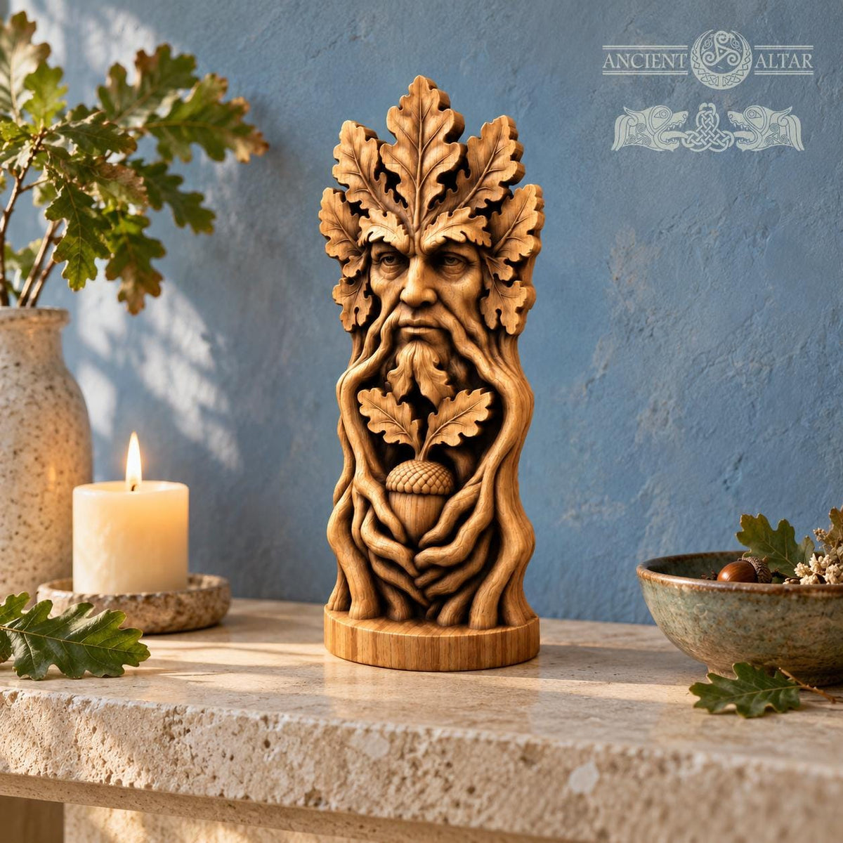 Green Man Acorn Keeper, Oak Wood Tree Spirit Statue, Leaf Face and Twisted Roots Sculpture, Woodland Decor, Pagan Altar Gift