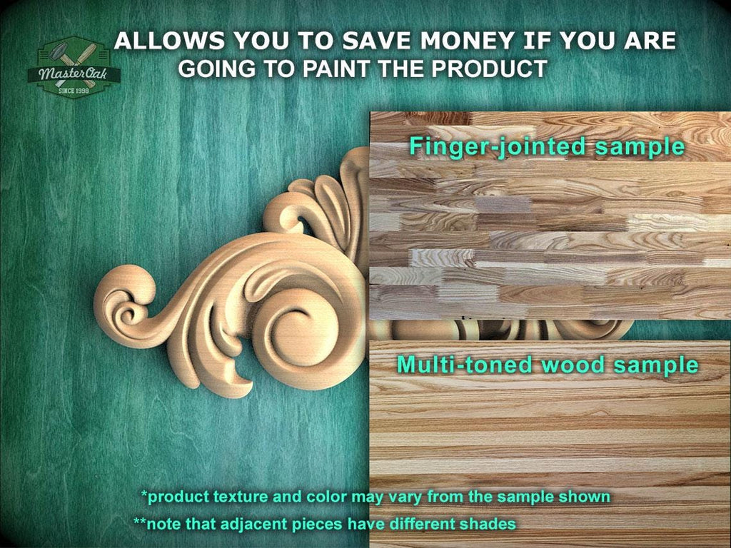The image is a promotional advertisement for Master Oak, a company that sells wood products. It features a close-up of a wooden carving and a sample of multi-toned wood, along with text that provides information about the products.