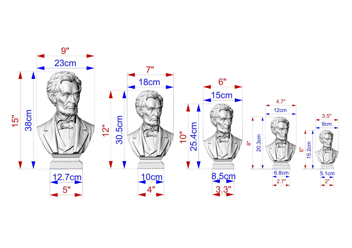 a series of busts of a person, each with different measurements and sizes, ranging from 9" to 3" in height. The busts are arranged in a row, with the tallest one on the left and the shortest one on the right. The image provides a visual representation of the varying sizes of the busts, likely used for comparison or artistic purposes.