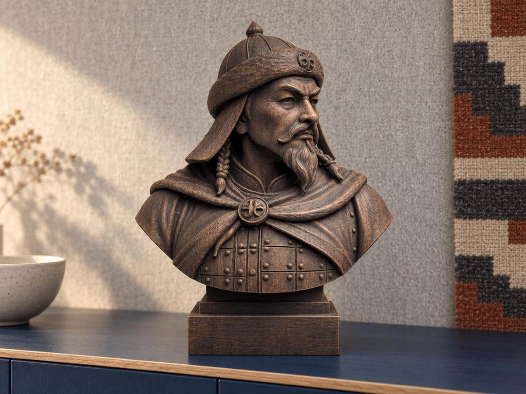 Genghis Khan Bust | Carved & Hand-Finished Wood Statue | Mongolian History Decor