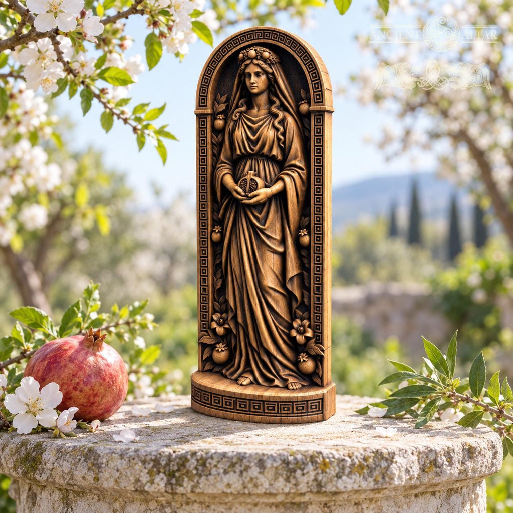 Persephone Wooden Statue, Greek Goddess Figurine with Pomegranate, Queen of the Underworld, Pagan Altar Decor, Mythology Gift