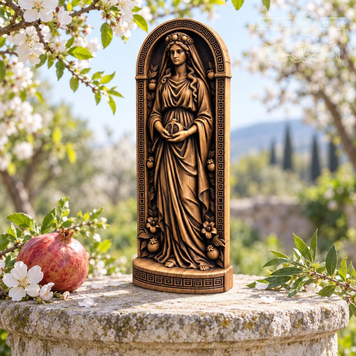 Persephone Wooden Statue, Greek Goddess Figurine with Pomegranate, Queen of the Underworld, Pagan Altar Decor, Mythology Gift