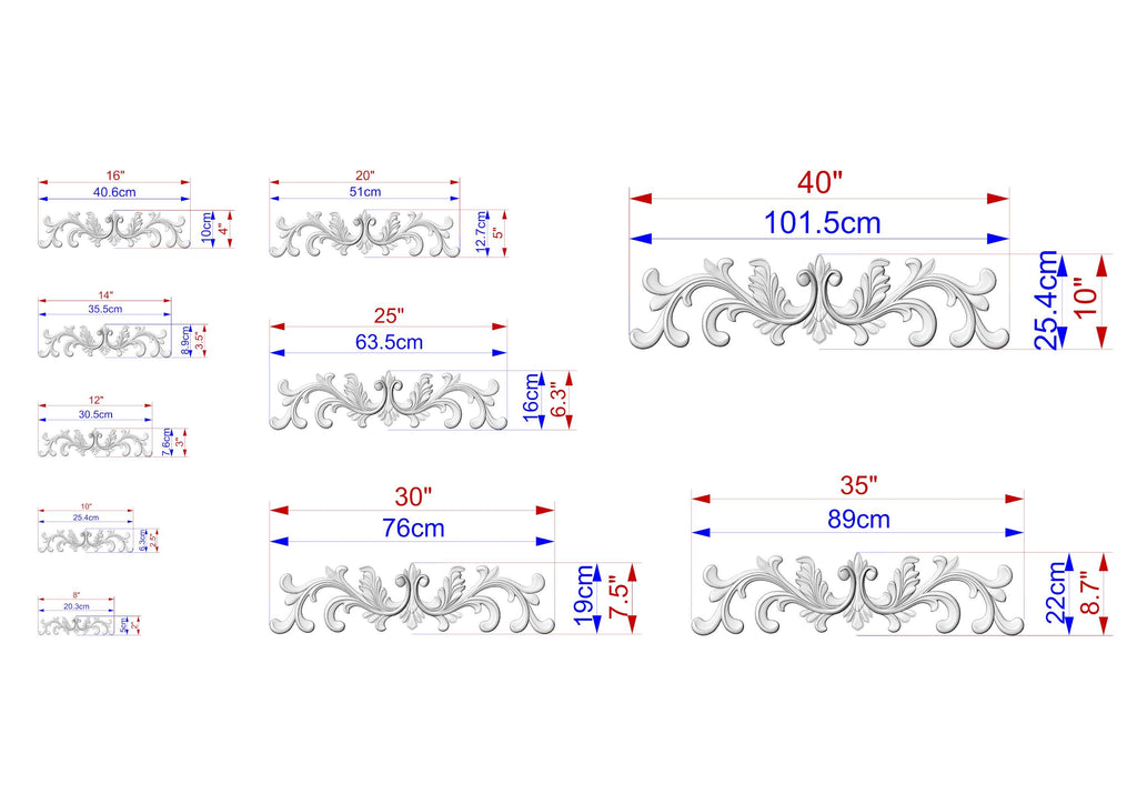 various measurements and dimensions of a decorative element, such as a scroll or a floral design, along with corresponding scale drawings. The image is a collection of different sizes and angles of the decorative element, providing a visual representation of its dimensions.