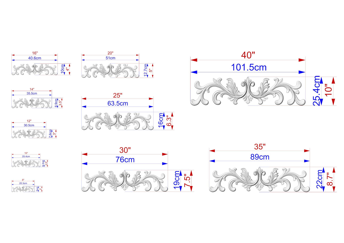 various measurements and dimensions of a decorative element, such as a scroll or a floral design, along with corresponding scale drawings. The image is a collection of different sizes and angles of the decorative element, providing a visual representation of its dimensions.