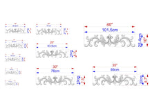 Load image into Gallery viewer, various measurements and dimensions of a decorative element, such as a scroll or a floral design, along with corresponding scale drawings. The image is a collection of different sizes and angles of the decorative element, providing a visual representation of its dimensions.
