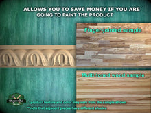 Load image into Gallery viewer, The image is a collage of four different wood samples, each showcasing a unique texture and color. The text above the image states that the product allows you to save money if you are going to paint the product, and the image displays a finger-jointed sample and a multi-toned wood sample. The text below the image provides additional information about the product, stating that the product texture and color may vary from the sample shown, and that adjacent pieces have different shades.
