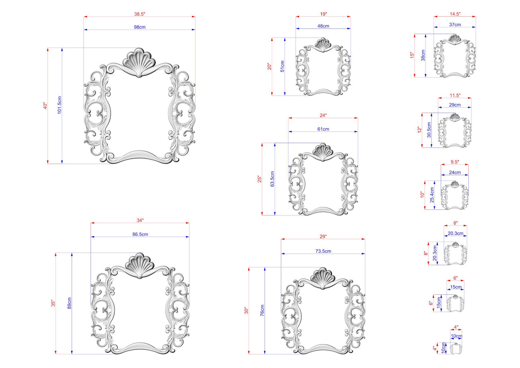 a series of ornate, decorative frames with intricate designs, likely intended for use as wall hangings or other home decor items. The frames vary in size, ranging from small to large, and are framed in a classic, elegant style. The image provides detailed measurements and dimensions for each frame, allowing for a clear understanding of the design and size of the frames.