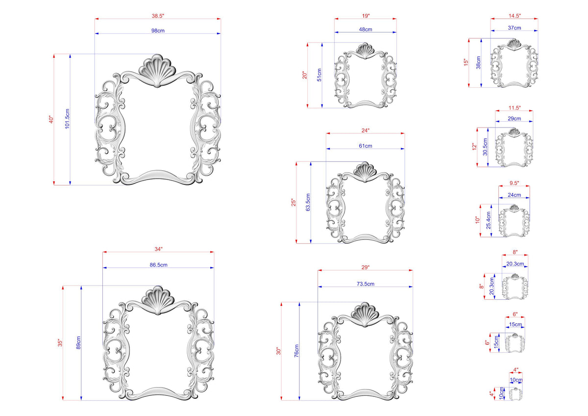 a series of ornate, decorative frames with intricate designs, likely intended for use as wall hangings or other home decor items. The frames vary in size, ranging from small to large, and are framed in a classic, elegant style. The image provides detailed measurements and dimensions for each frame, allowing for a clear understanding of the design and size of the frames.