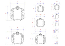 Load image into Gallery viewer, a series of ornate, decorative frames with intricate designs, likely intended for use as wall hangings or other home decor items. The frames vary in size, ranging from small to large, and are framed in a classic, elegant style. The image provides detailed measurements and dimensions for each frame, allowing for a clear understanding of the design and size of the frames.
