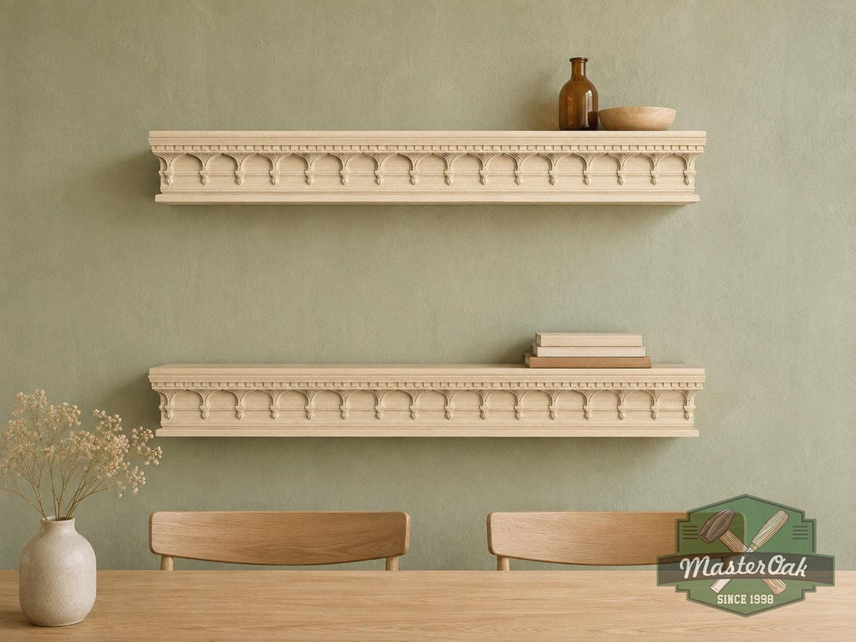 Carved Solid Oak Fireplace Mantel Shelf with Arched Arcade, Ornate Floating Wall Shelf, Classical Architectural Home Decor