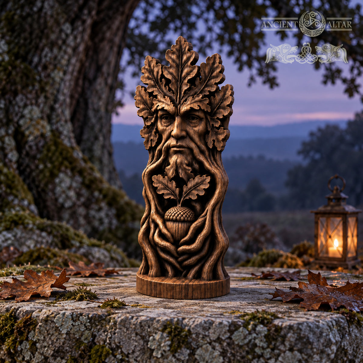 a wooden sculpture of a face with a leafy beard, carved from a tree trunk and placed on a stone surface. The sculpture is surrounded by fallen leaves, and a lantern is visible in the background, creating a rustic and natural atmosphere.