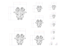 Load image into Gallery viewer, a collection of stylized, decorative designs in a 3D rendering, with accompanying measurements and scale drawings. The designs are intricate and visually appealing, showcasing the artist&#39;s skill and attention to detail.
