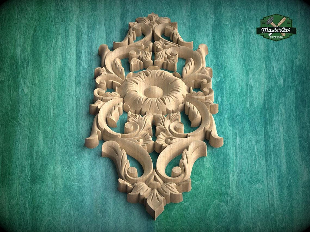 an ornate, carved wooden panel with intricate floral and leaf designs, set against a green background.