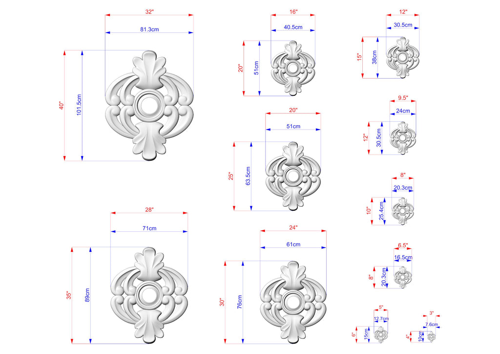 various sizes of ornate, decorative elements, such as a central design with a circular motif and intricate floral or leaf-like patterns. The image is a collection of different sizes of these decorative elements, each with its own unique design and measurements.