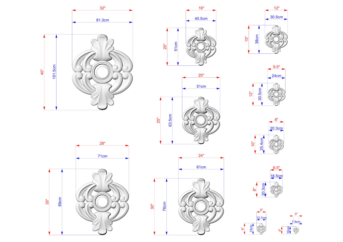 various sizes of ornate, decorative elements, such as a central design with a circular motif and intricate floral or leaf-like patterns. The image is a collection of different sizes of these decorative elements, each with its own unique design and measurements.
